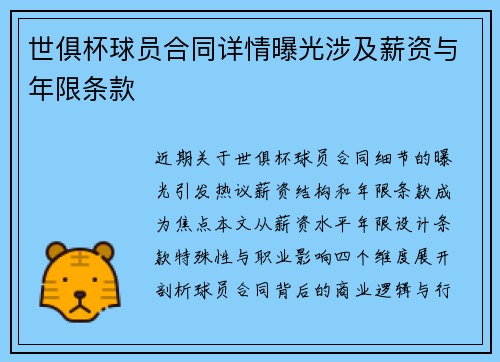 世俱杯球员合同详情曝光涉及薪资与年限条款